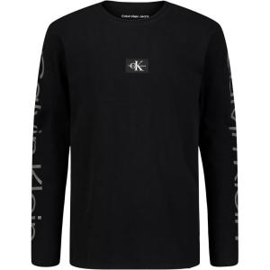 imageCalvin Klein Boys Big Long Sleeve Crew Neck TShirt Soft Comfortable Relaxed FitCk Sleeve Print Black