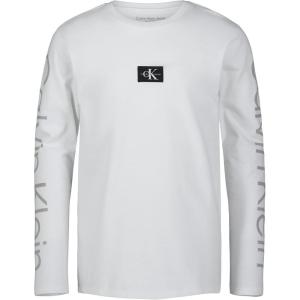 imageCalvin Klein Boys Big Long Sleeve Crew Neck TShirt Soft Comfortable Relaxed FitCk Sleeve Print White