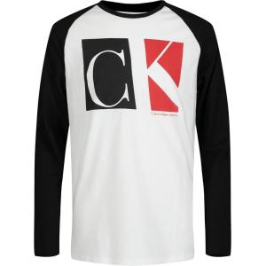 imageCalvin Klein Boys Big Long Sleeve Crew Neck TShirt Soft Comfortable Relaxed FitSplit Block Ck White