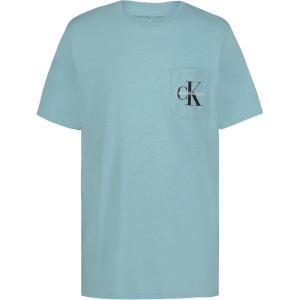imageCalvin Klein Boys Short Sleeve Pocket Logo Crew Neck TShirt Soft Comfortable Relaxed FitBlue Elixer Heather