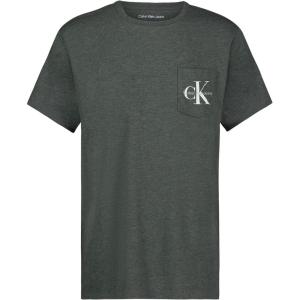 imageCalvin Klein Boys Short Sleeve Pocket Logo Crew Neck TShirt Soft Comfortable Relaxed FitDeep Forest Heather