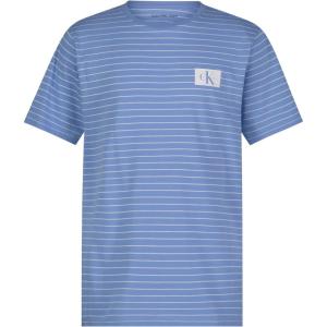 imageCalvin Klein Boys Short Sleeve Striped Crew Neck TShirt Soft Comfortable Relaxed FitExtra Linear Cornflower