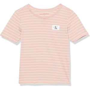 imageCalvin Klein Boys Short Sleeve Striped Crew Neck TShirt Soft Comfortable Relaxed FitLinear Silver Pink Fb38