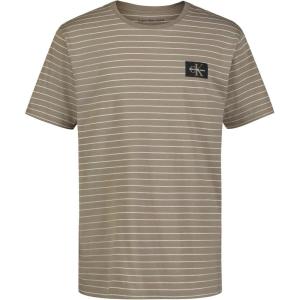 imageCalvin Klein Boys Short Sleeve Striped Crew Neck TShirt Soft Comfortable Relaxed FitLinear Stripe Greige