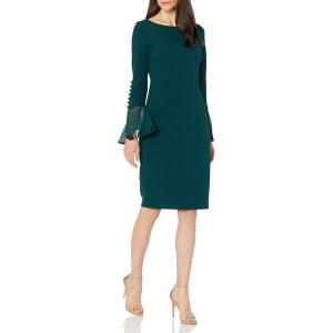 imageCalvin Klein Womens Solid Sheath with Chiffon Bell Sleeves DressGreen