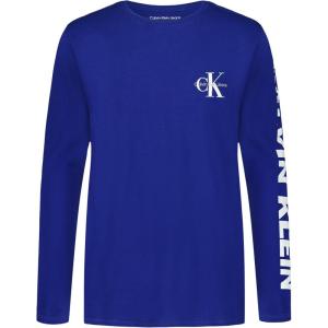 imageCalvin Klein Boys Long Sleeve Crew Neck TShirt Soft Comfortable Relaxed FitBold Sleeve Bellwether Blue