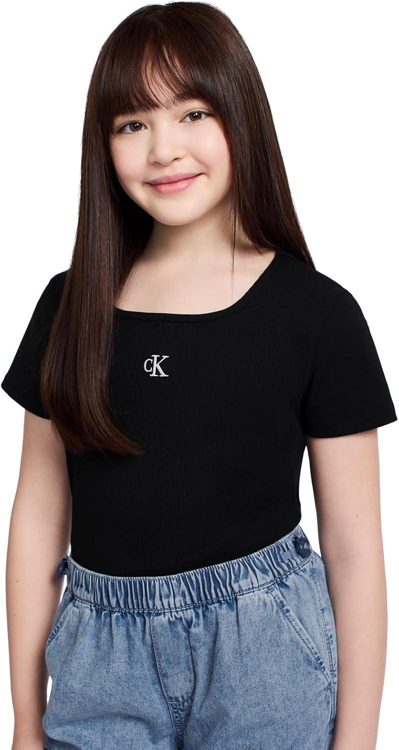 imageCalvin Klein Girls Short Sleeve Babydoll TShirt Soft ampamp ComfortableBlack Square Neck
