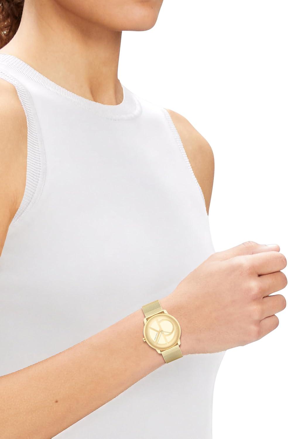 imageCalvin Klein Womens CK Iconic  35mm 2H Quartz Watch  Stainless Steel Mesh Bracelet  Water Resistance 30 Meters  Premium Fashion Timepiece for Everyday Style  Gift for HerGold Plated Mesh