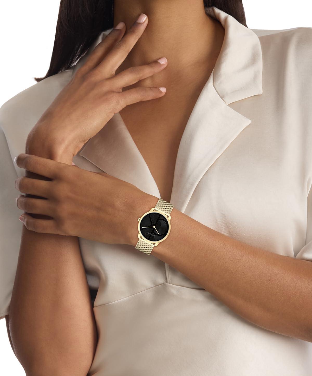 imageCalvin Klein Womens CK Iconic  35mm 2H Quartz Watch  Stainless Steel Mesh Bracelet  Water Resistance 30 Meters  Premium Fashion Timepiece for Everyday Style  Gift for HerBlack Gold Mesh