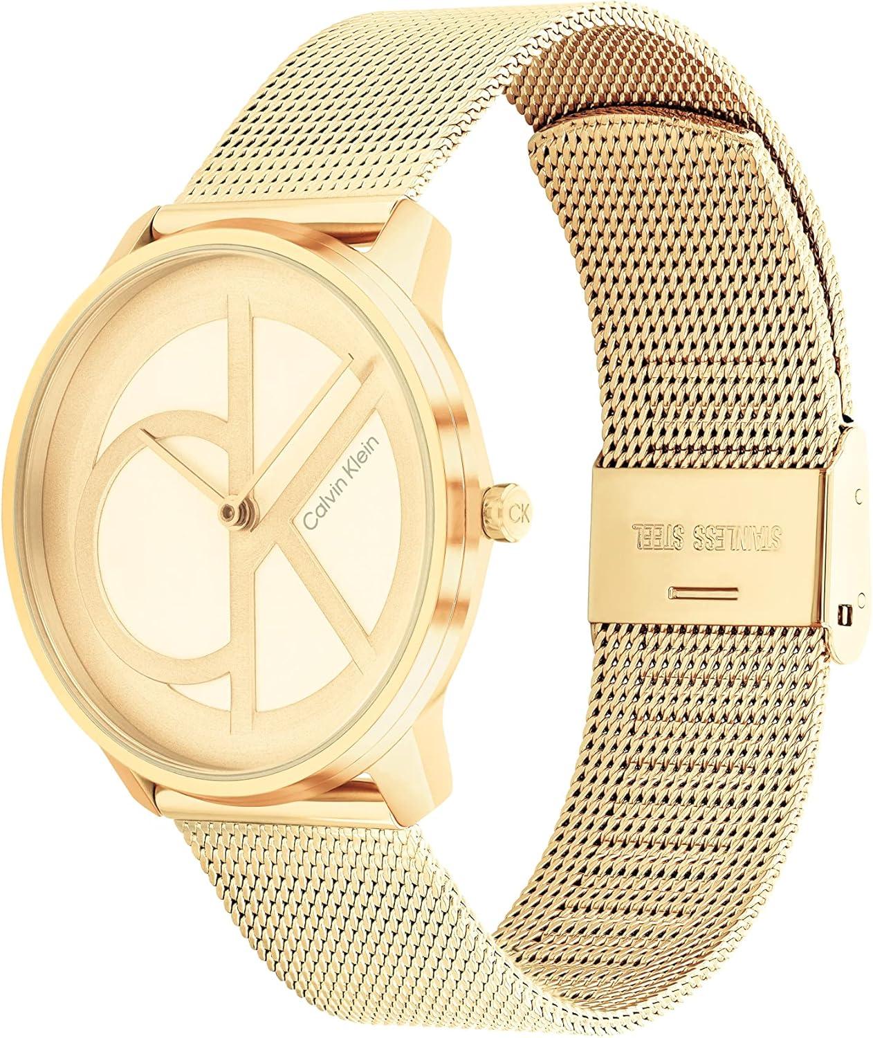 imageCalvin Klein Womens CK Iconic  35mm 2H Quartz Watch  Stainless Steel Mesh Bracelet  Water Resistance 30 Meters  Premium Fashion Timepiece for Everyday Style  Gift for HerGold Plated Mesh