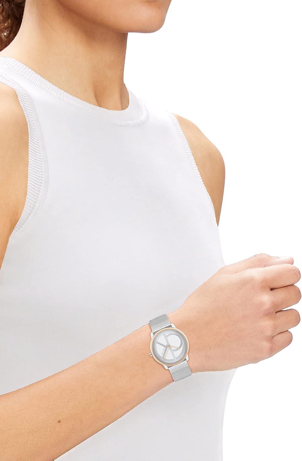 imageCalvin Klein Womens CK Iconic  35mm 2H Quartz Watch  Stainless Steel Mesh Bracelet  Water Resistance 30 Meters  Premium Fashion Timepiece for Everyday Style  Gift for HerTwo Tone Mesh