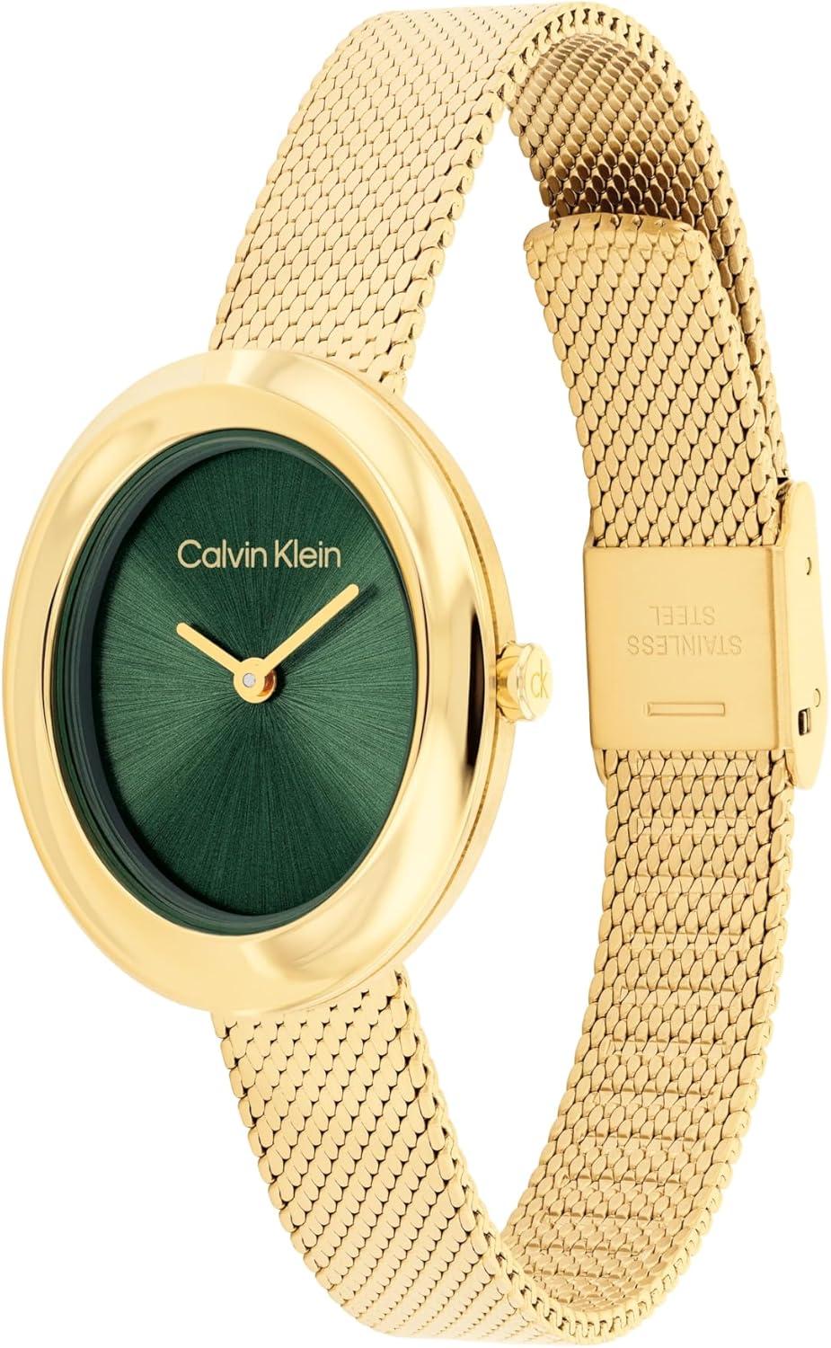 imageCalvin Klein Womens Twisted Bezel Stainless Steel Watch  24 mm Oval Case Mesh Bracelet Sunray Dial Elegant Design  Gift for HerGold Plated