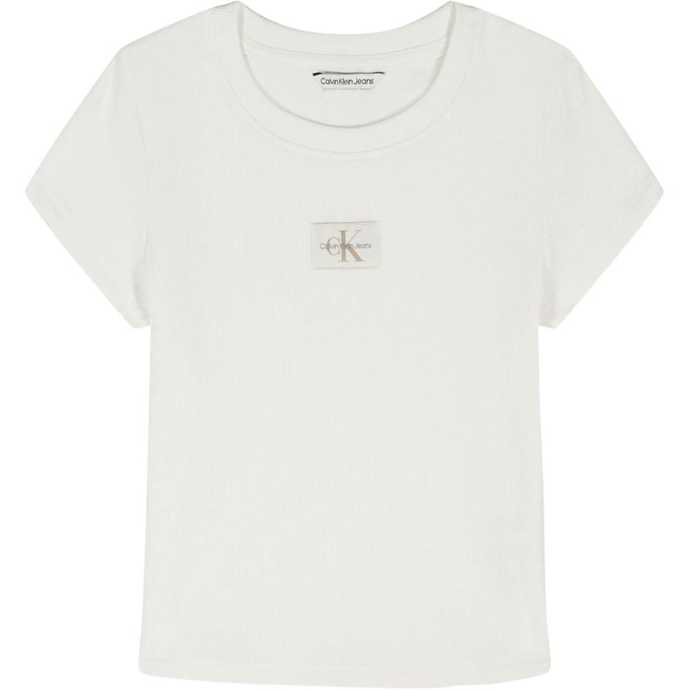 imageCalvin Klein Girls Short Sleeve Babydoll TShirt Soft ampamp ComfortableEgret Ribbed Monogram