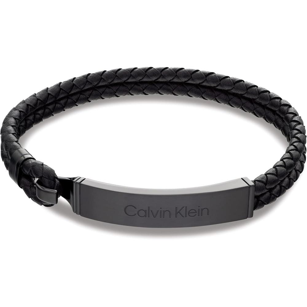 imageCalvin Klein Mens Leather Bracelet Modern Essential with Braided Leather and Polished ID PlaqueBlack