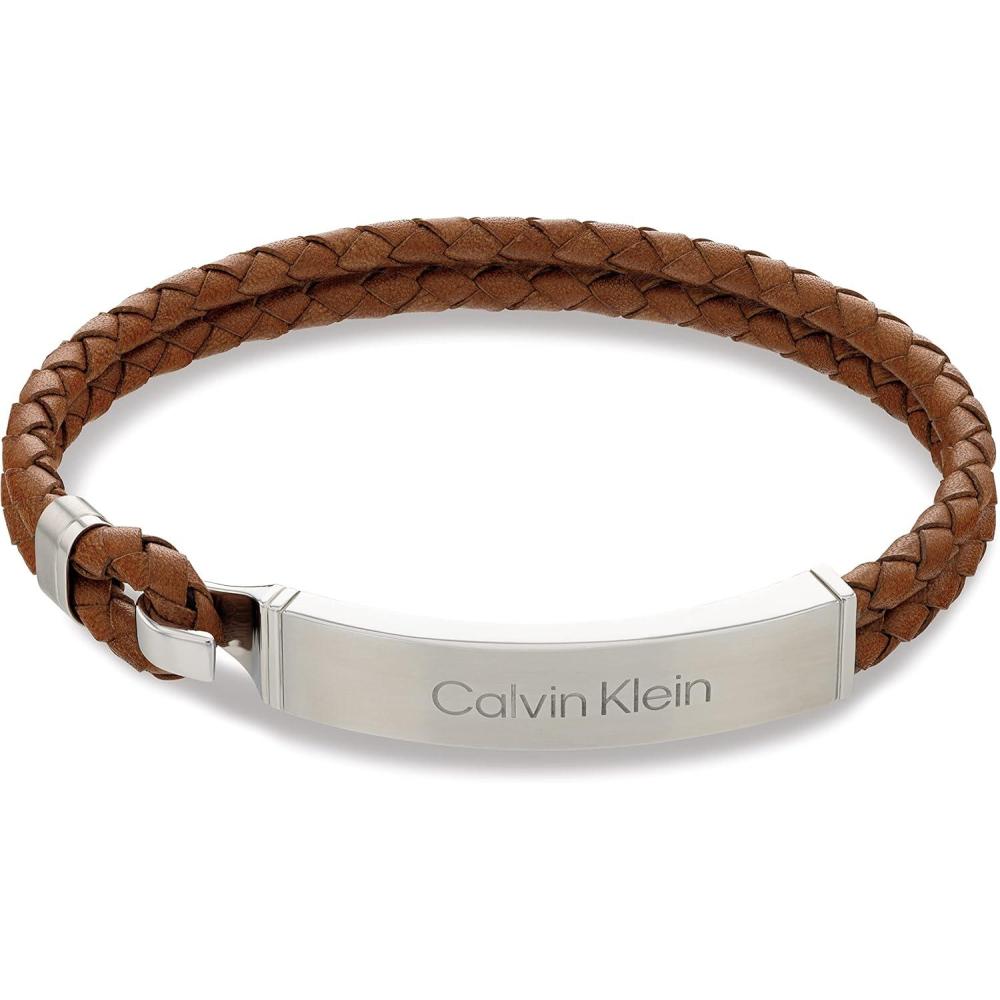 imageCalvin Klein Mens Leather Bracelet Modern Essential with Braided Leather and Polished ID PlaqueBrown