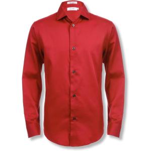 imageCalvin Klein Boys Long Sleeve Sateen Dress Shirt ButtonDown Style with Cuffs ampamp Shirttail HemDark Red