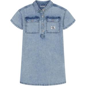 imageCalvin Klein Girls Short Sleeve Lightweight Chambray Denim Shirt DressPatch Pocket Sky