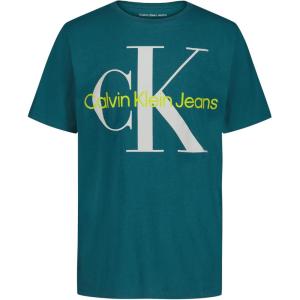imageCalvin Klein Boys Short Sleeve Logo Crew Neck TShirt Soft Comfortable Relaxed FitMono Mediterranea