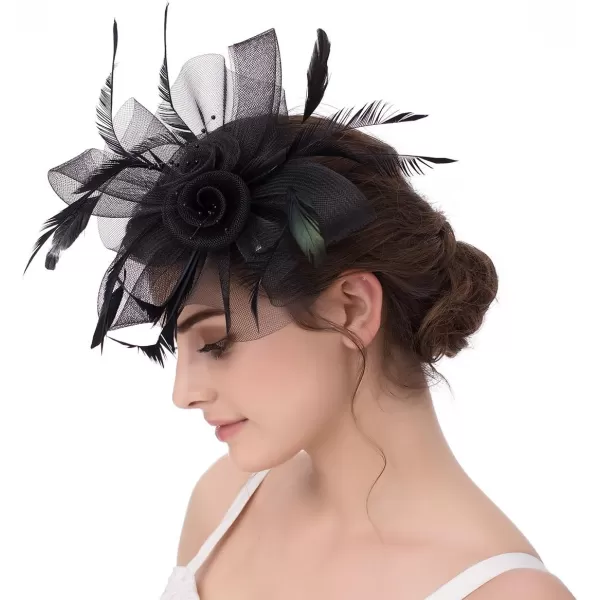 Abaowedding Feather Fascinator Cocktail Party Hair Clip Pillbox HatsC Black