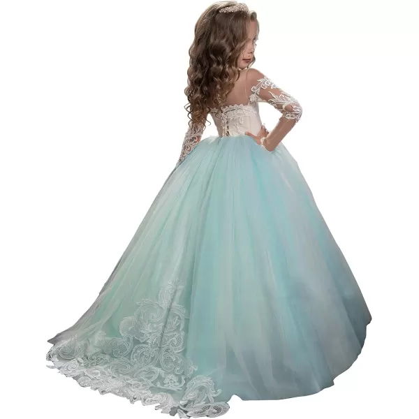 Abaowedding Lace Embroidery Sheer Long Sleeves Kids Trailing GownsAqua