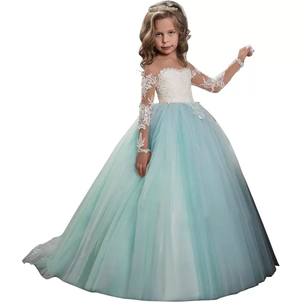 Abaowedding Lace Embroidery Sheer Long Sleeves Kids Trailing GownsAqua