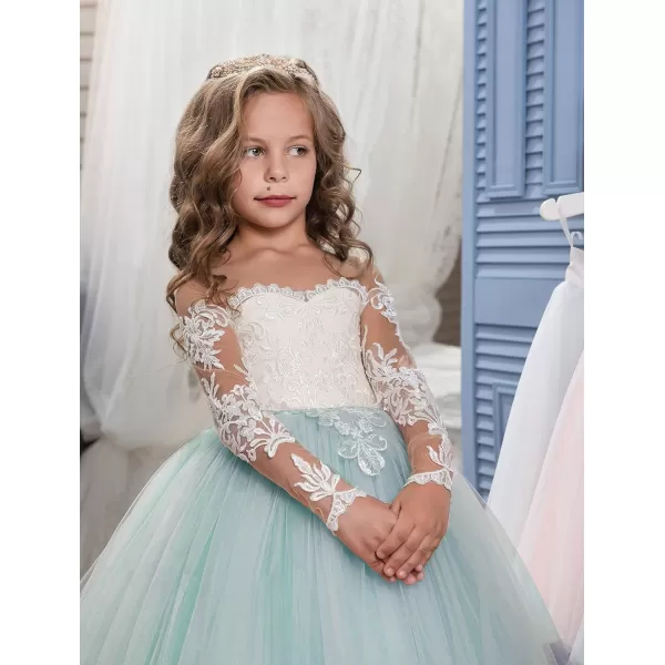 Abaowedding Lace Embroidery Sheer Long Sleeves Kids Trailing GownsAqua
