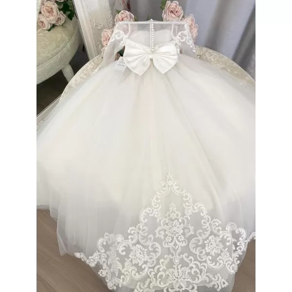 Abaowedding Lace Embroidery Sheer Long Sleeves Kids Trailing GownsAwhite
