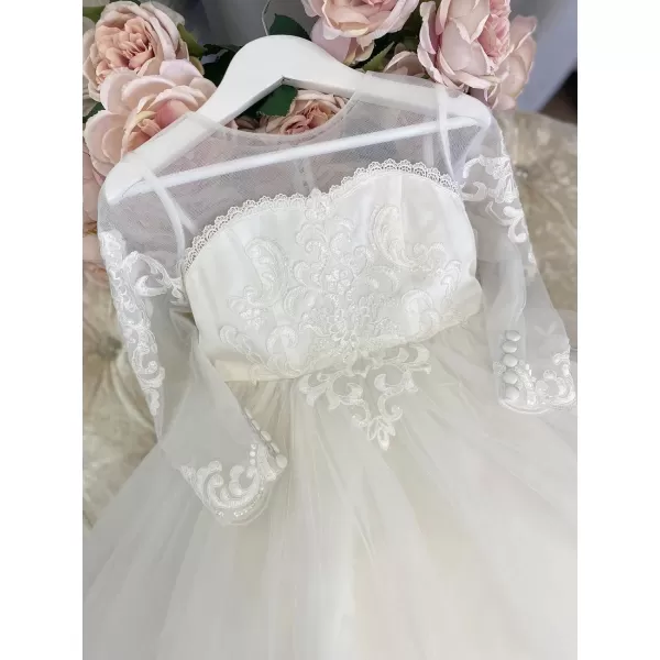Abaowedding Lace Embroidery Sheer Long Sleeves Kids Trailing GownsAwhite
