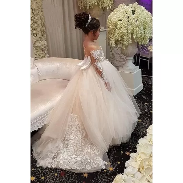 Abaowedding Lace Embroidery Sheer Long Sleeves Kids Trailing GownsAwhite