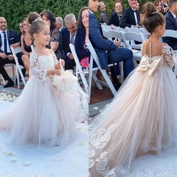 Abaowedding Lace Embroidery Sheer Long Sleeves Kids Trailing GownsAwhite