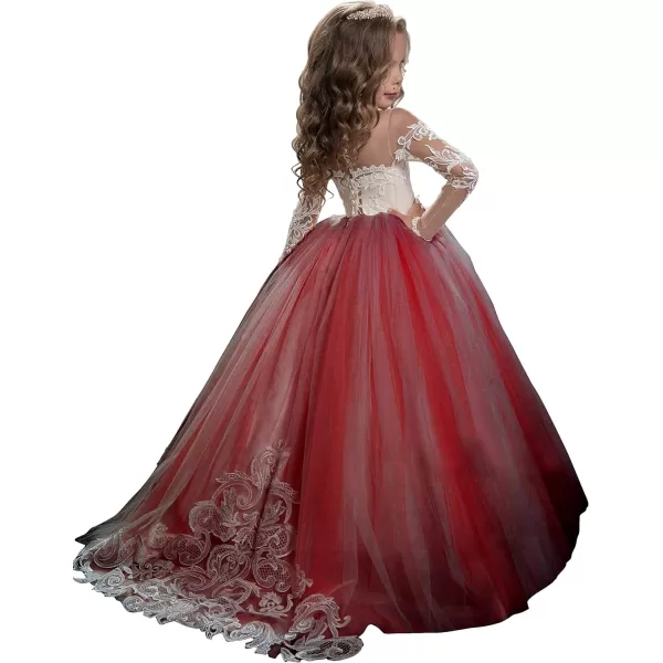 Abaowedding Lace Embroidery Sheer Long Sleeves Kids Trailing GownsBurgundy