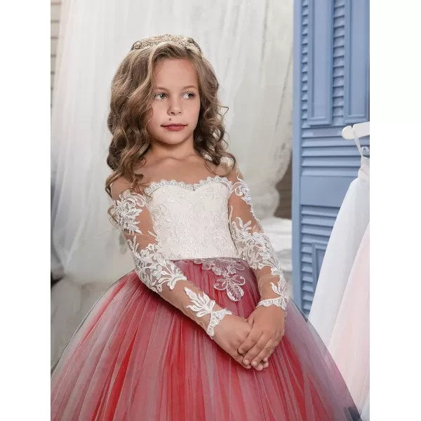 Abaowedding Lace Embroidery Sheer Long Sleeves Kids Trailing GownsBurgundy