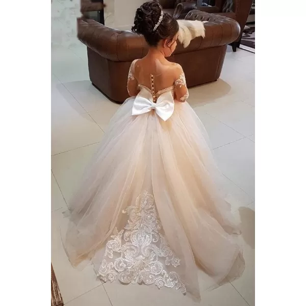 Abaowedding Lace Embroidery Sheer Long Sleeves Kids Trailing GownsChampagne
