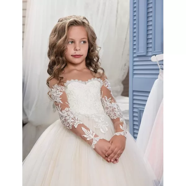 Abaowedding Lace Embroidery Sheer Long Sleeves Kids Trailing GownsIvory