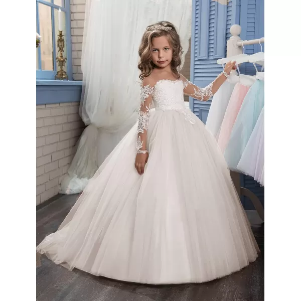 Abaowedding Lace Embroidery Sheer Long Sleeves Kids Trailing GownsIvory