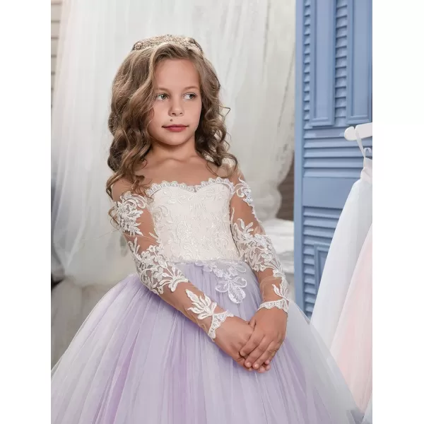 Abaowedding Lace Embroidery Sheer Long Sleeves Kids Trailing GownsLilac