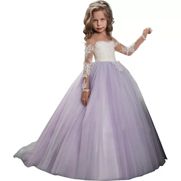 Abaowedding Lace Embroidery Sheer Long Sleeves Kids Trailing GownsLilac