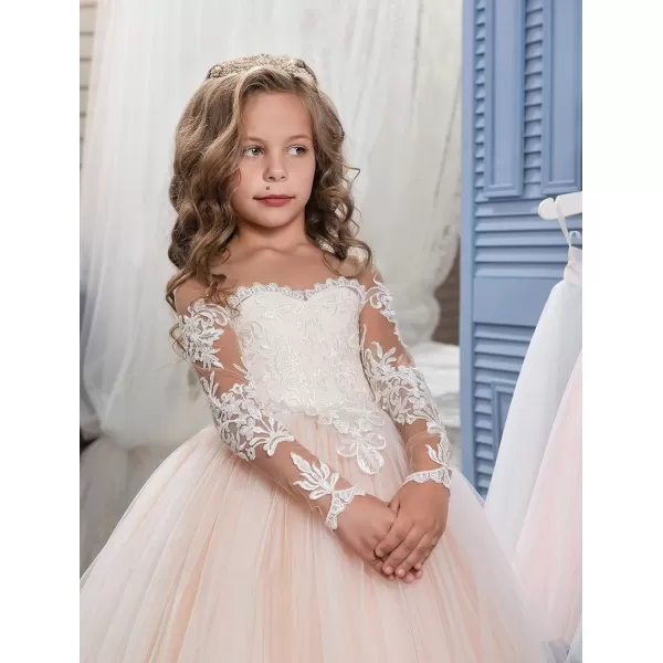 Abaowedding Lace Embroidery Sheer Long Sleeves Kids Trailing GownsPicture Color