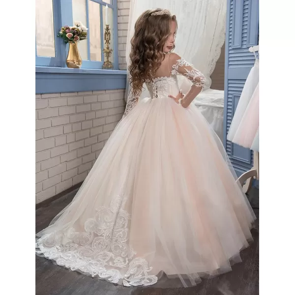 Abaowedding Lace Embroidery Sheer Long Sleeves Kids Trailing GownsPicture Color