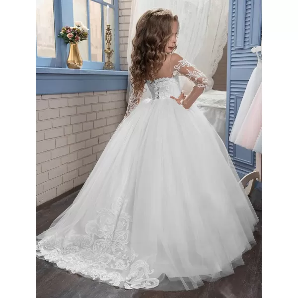 Abaowedding Lace Embroidery Sheer Long Sleeves Kids Trailing GownsWhite
