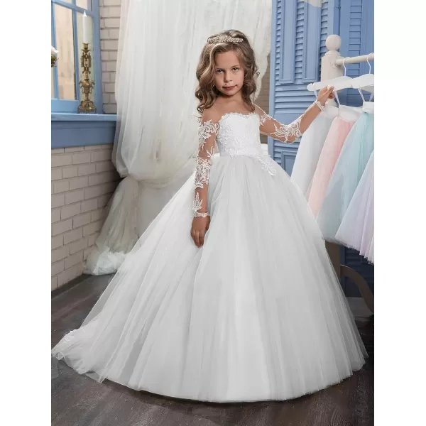 Abaowedding Lace Embroidery Sheer Long Sleeves Kids Trailing GownsWhite