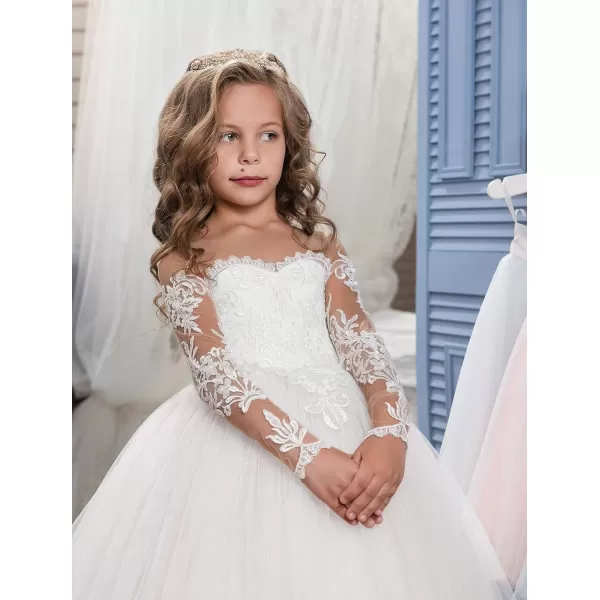 Abaowedding Lace Embroidery Sheer Long Sleeves Kids Trailing GownsWhite