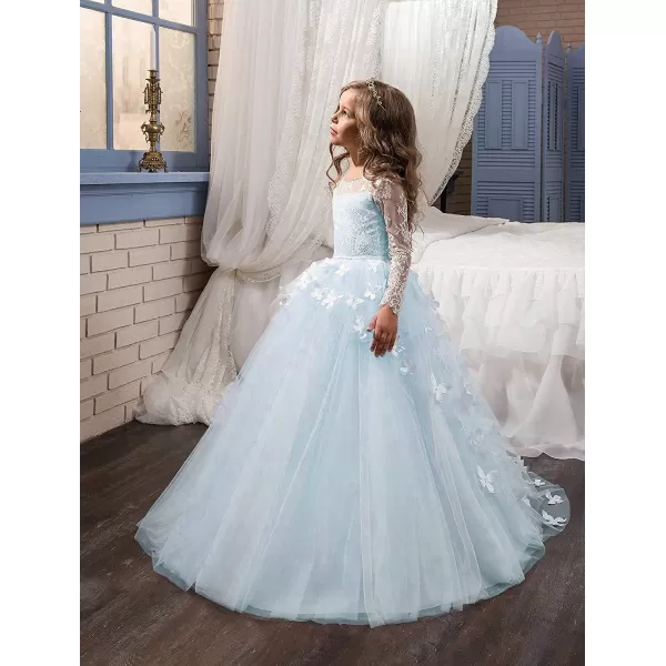 Abaowedding Lovely Flower Girl Dress Lace Long Sleeves Prom GownLight Blue