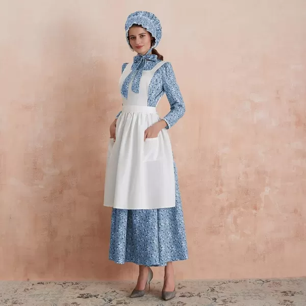 Abaowedding Womens American Pioneer Costume Dress Historical Modest Prairie Colonial Floral DressBlue