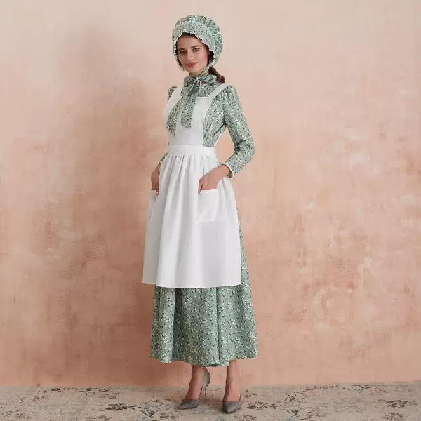 Abaowedding Womens American Pioneer Costume Dress Historical Modest Prairie Colonial Floral DressGreenivory