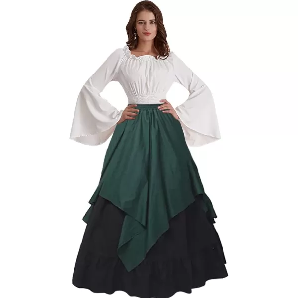 Abaowedding Womens Medieval Dress Retro Renaissance Costumes Irish Trumpet Sleeve Round Neck Peasant Long GownDark Green