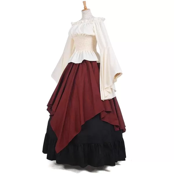 Abaowedding Womens Medieval Dress Retro Renaissance Costumes Irish Trumpet Sleeve Round Neck Peasant Long GownRed