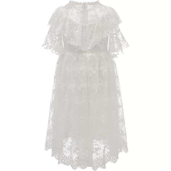 Girls White Dress Lace Pom Flutter Sleeve Party Princess Dress Pageant Tulle Summer Vintage DressWhite