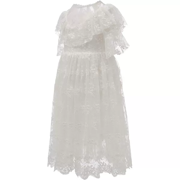 Girls White Dress Lace Pom Flutter Sleeve Party Princess Dress Pageant Tulle Summer Vintage DressWhite