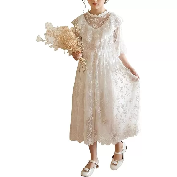 Girls White Dress Lace Pom Flutter Sleeve Party Princess Dress Pageant Tulle Summer Vintage DressWhite